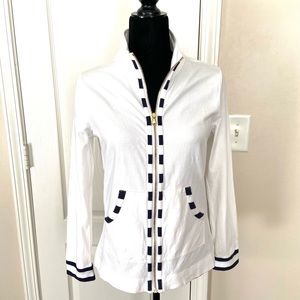 Talbots  Women Cardigan Knit Sweater Jacket White Black Trim Hook Size SP